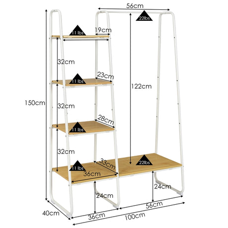 Free-Standing Garment Clothing Rack with 5-Tier Wood Shelves-White