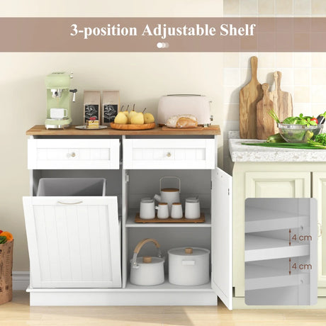 Kitchen Sideboard with Rubber Top 2 Drawers Adjustable Shelf and Cupboard to Accommodate 42 L Trash Can White