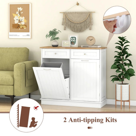Kitchen Sideboard with Rubber Top 2 Drawers Adjustable Shelf and Cupboard to Accommodate 42 L Trash Can White