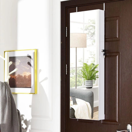 Wall Mounted Full Screen Mirror Jewelry Cabinet Armoire wirth 6 LEDs-White