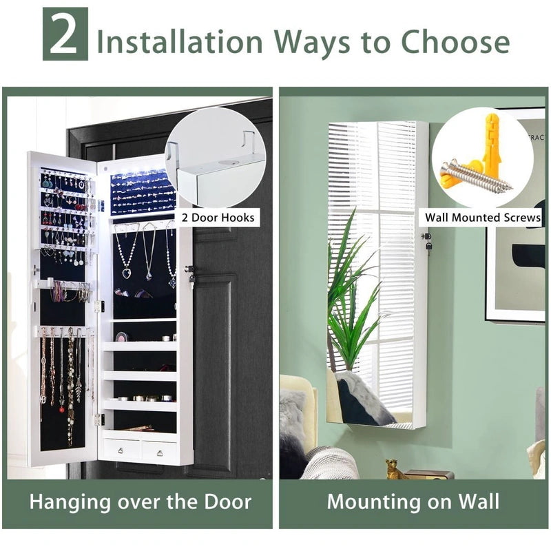 Wall Mounted Full Screen Mirror Jewelry Cabinet Armoire wirth 6 LEDs-White