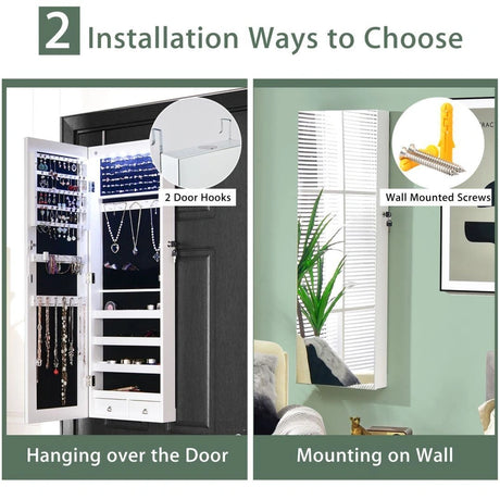 Wall Mounted Full Screen Mirror Jewelry Cabinet Armoire wirth 6 LEDs-White