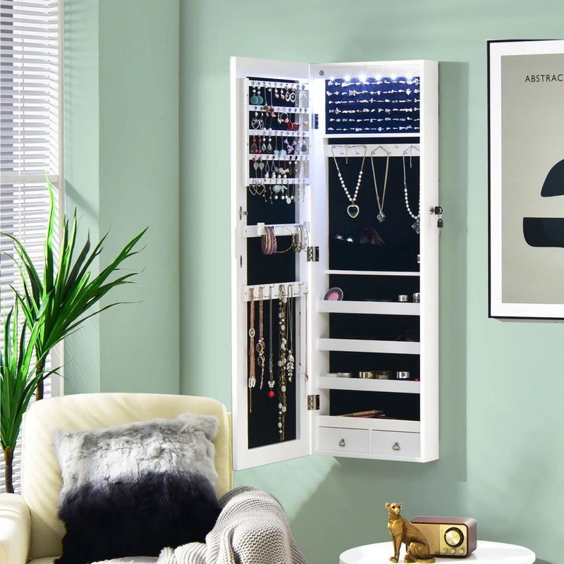 Wall Mounted Full Screen Mirror Jewelry Cabinet Armoire wirth 6 LEDs-White