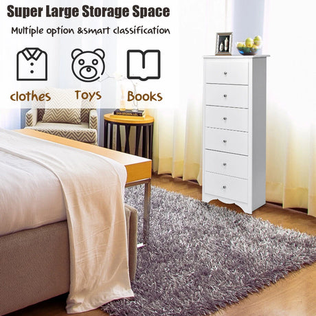 6 Drawer Chest with Mental Knobs for Living Room-White