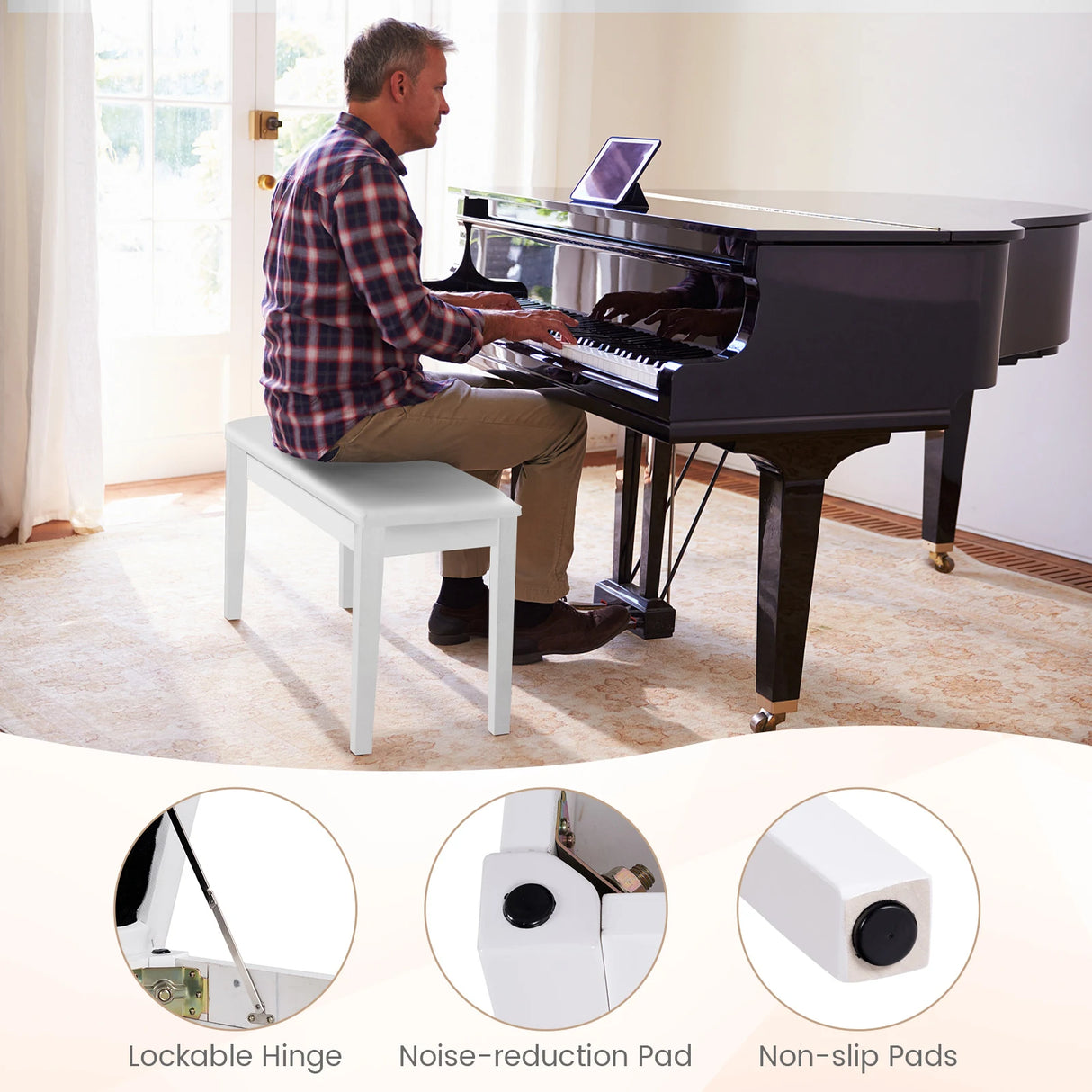 Solid Wood PU Leather Padded Piano Bench Keyboard Seat-White