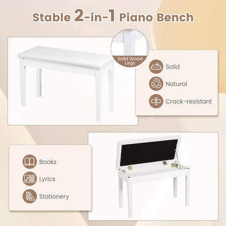 Solid Wood PU Leather Padded Piano Bench Keyboard Seat-White