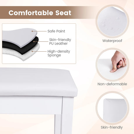 Solid Wood PU Leather Padded Piano Bench Keyboard Seat-White