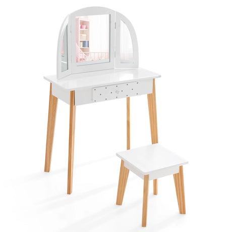 2-in-1 Kids' Vanity Set with Tri-folding Mirror for Girls Aged 3 - 7 Years Old-White