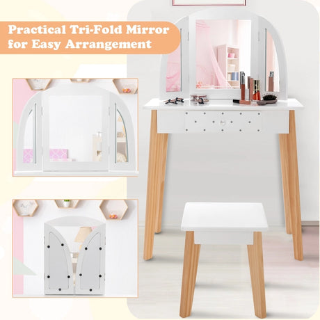 2-in-1 Kids' Vanity Set with Tri-folding Mirror for Girls Aged 3 - 7 Years Old-White