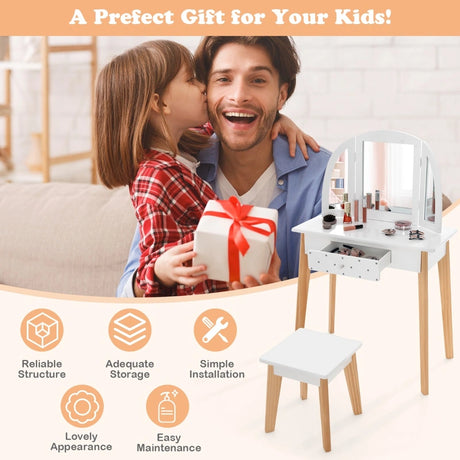2-in-1 Kids' Vanity Set with Tri-folding Mirror for Girls Aged 3 - 7 Years Old-White