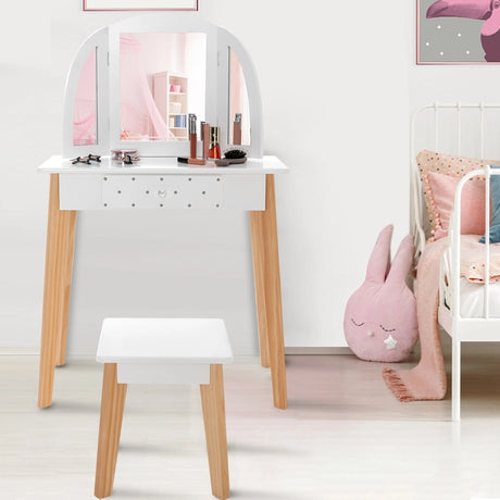 2-in-1 Kids' Vanity Set with Tri-folding Mirror for Girls Aged 3 - 7 Years Old-White