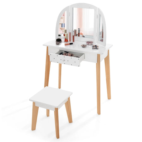 2-in-1 Kids' Vanity Set with Tri-folding Mirror for Girls Aged 3 - 7 Years Old-White