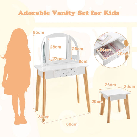 2-in-1 Kids' Vanity Set with Tri-folding Mirror for Girls Aged 3 - 7 Years Old-White