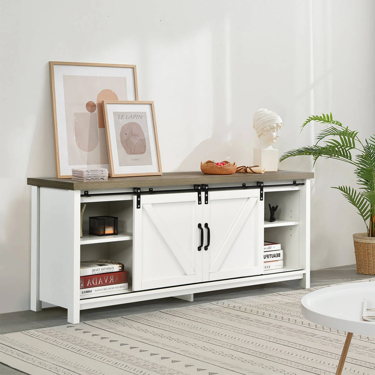 Wooden TV Stand for 65 Television with 2 Cabinets-White
