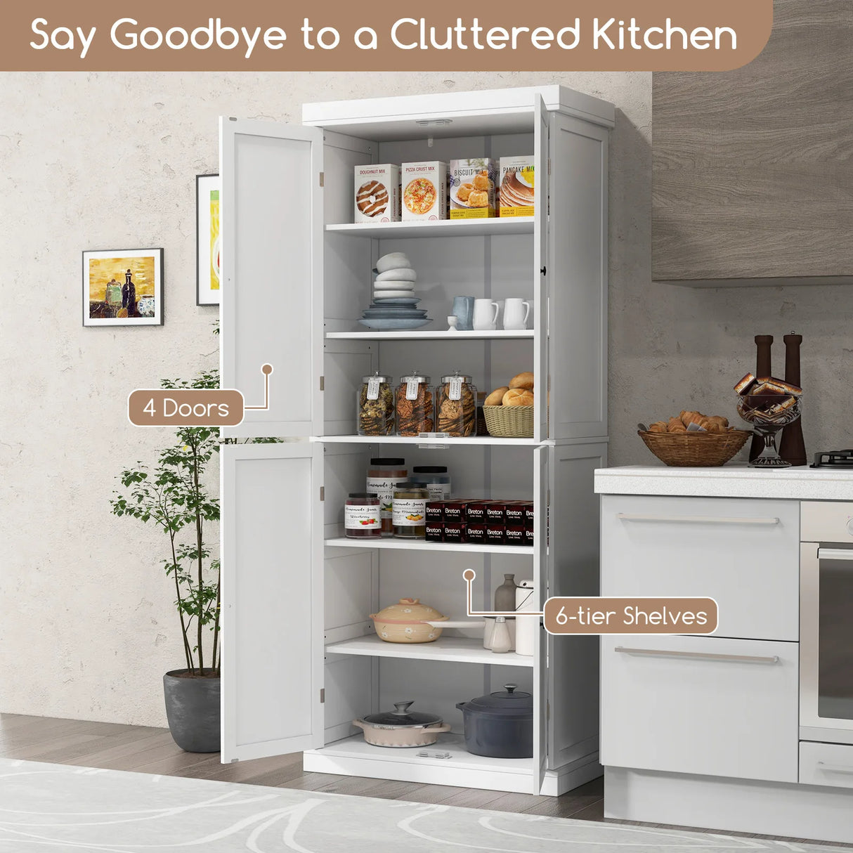 72.5 Tall Buffet Cabinet with 6-Tier Shelves and 4 Doors-White