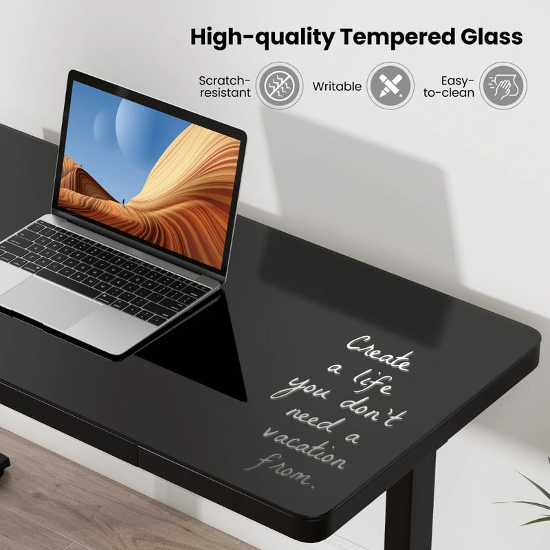 120 x 60 CM Whole-Piece Glass Standing Desk with Drawers, Height Adjustable Desk, Electric Stand up Desk with Writable Tempered Glass Top, USB Type-C Outlets, Memory Presets, Home Office Sit Stand Desk -Black
