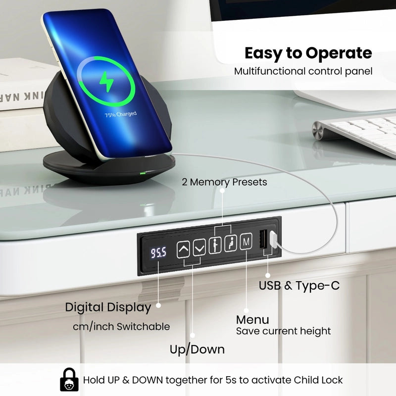 120 x 60 CM Whole-Piece Glass Standing Desk with Drawers, Height Adjustable Desk, Electric Stand up Desk with Writable Tempered Glass Top, USB Type-C Outlets, Memory Presets, Home Office Sit Stand Desk -White