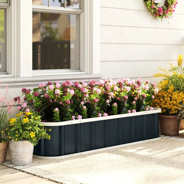Outsunny Galvanised Raised Garden Bed, 4.5 x 2 x 1 ft Metal Planter with Gloves and Folded Edging, Dark Grey