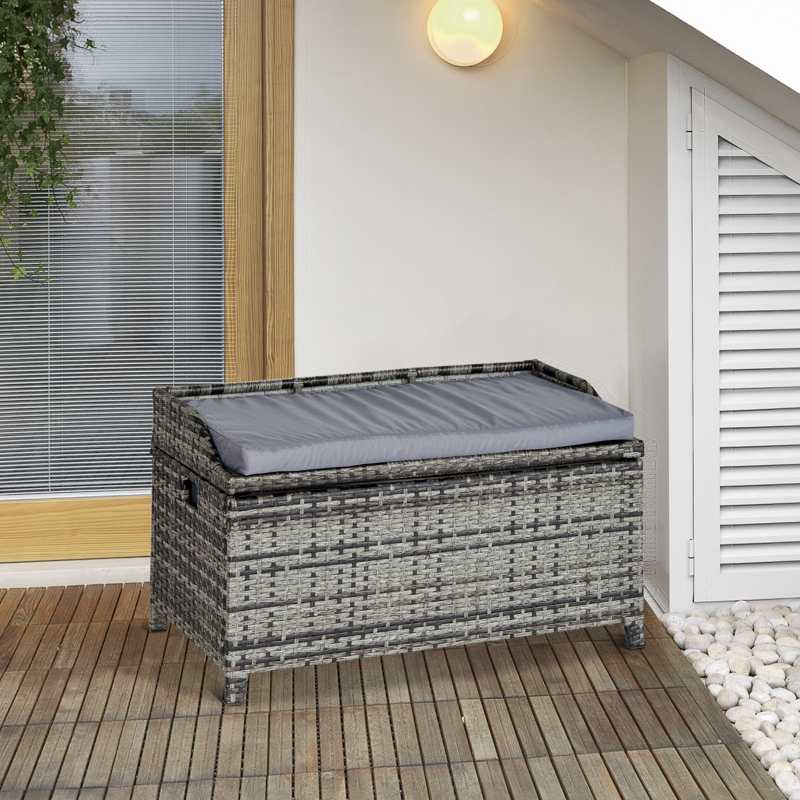 Outsunny 130L Rattan Garden Storage Box, with Seat - Mixed Grey