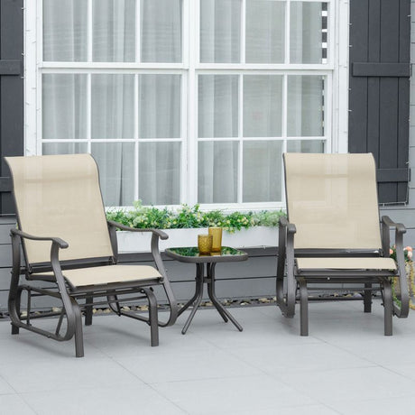 Outsunny Set of 3 Gliding Chair & Tea Table Set, Outdoor Rocker Set with 2 Armchairs, Tempered Glass Tabletop, Khaki