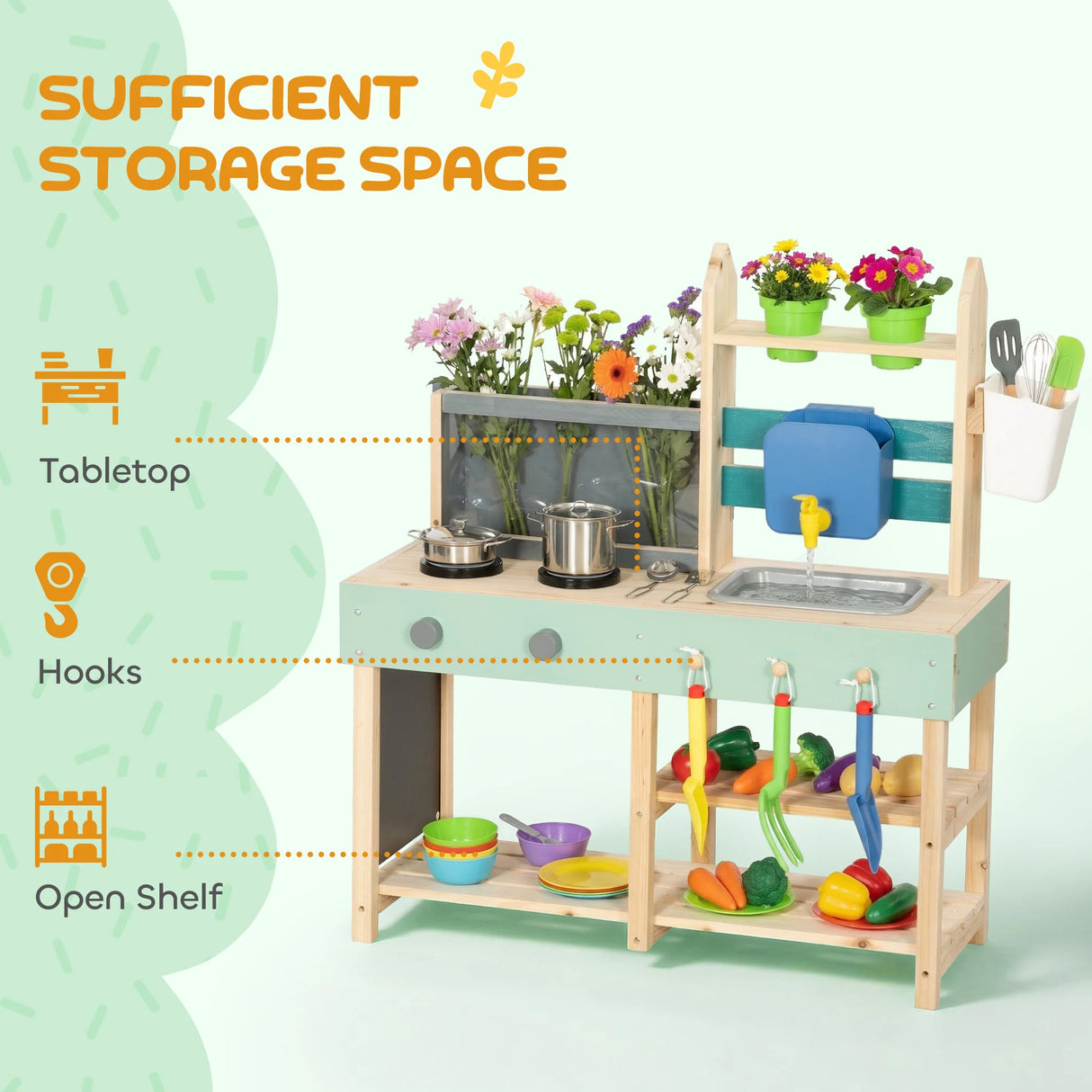 AIYAPLAY Mud Kitchen with Working Faucet, Kids Play Kitchen with Flower Pots, Kitchen Accessories, Planting Tools, Blue