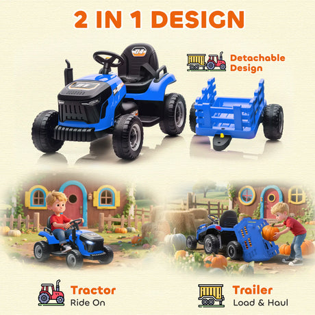 AIYAPLAY 12V Ride on Tractor and Trailer with Remote Control, Music, Shifter, Start-Up Sound, for Kids Ages 3-8 Years, Blue
