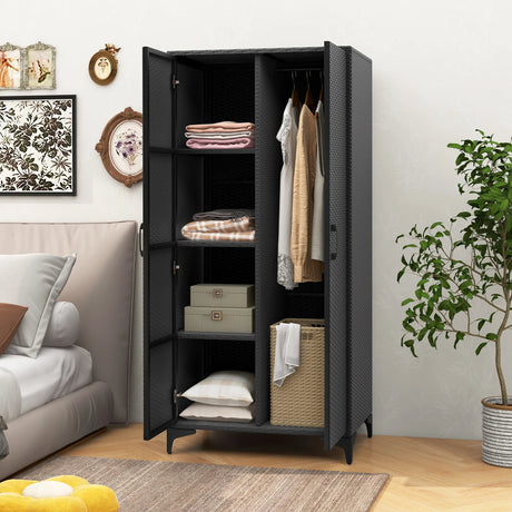 PE Rattan Wardrobe Armoire Closet with Hanging Rod and 4 Storage Cubes for Home Patio Garage-Black