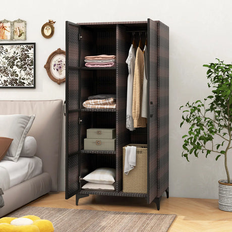 PE Rattan Wardrobe Armoire Closet with Hanging Rod and 4 Storage Cubes for Home Patio Garage-Brown