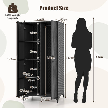 PE Rattan Wardrobe Armoire Closet with Hanging Rod and 4 Storage Cubes for Home Patio Garage-Black