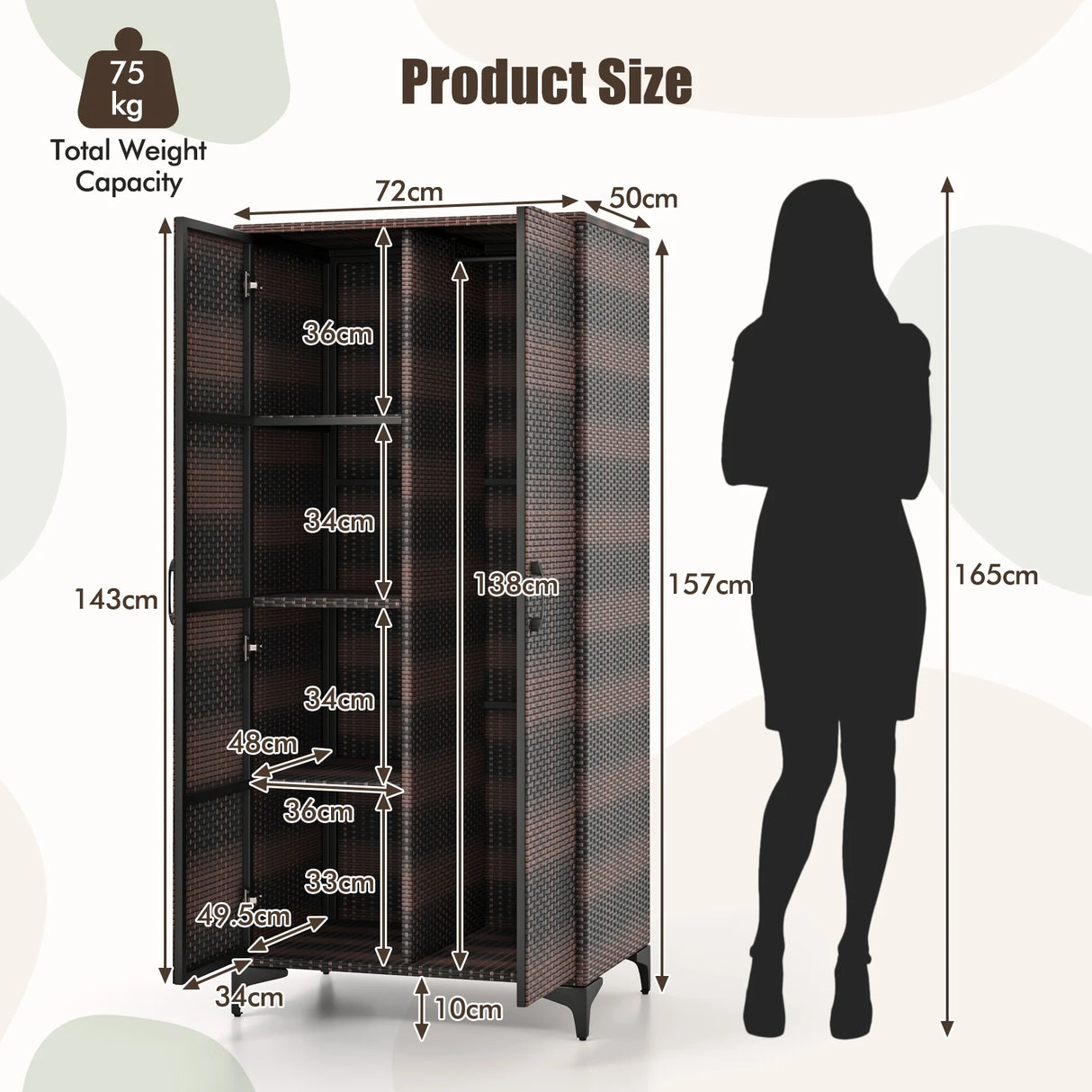 PE Rattan Wardrobe Armoire Closet with Hanging Rod and 4 Storage Cubes for Home Patio Garage-Brown
