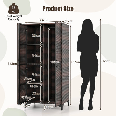 PE Rattan Wardrobe Armoire Closet with Hanging Rod and 4 Storage Cubes for Home Patio Garage-Brown