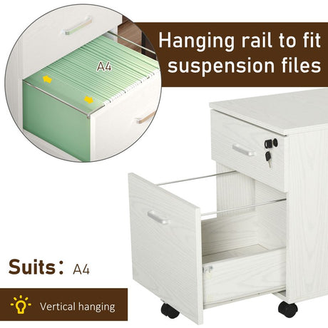 Vinsetto 2-Drawer Locking Office Filing Cabinet w/ 5 Wheels Rolling Storage Hanging Legal Letter Files Cupboard Home Organisation White Wood Grain