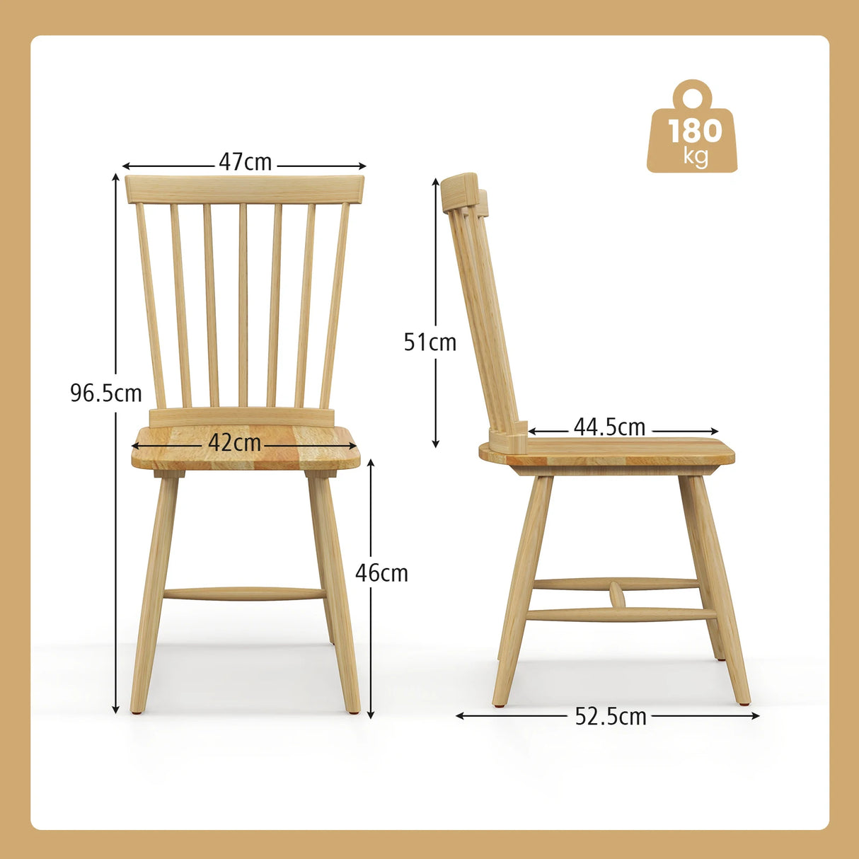 Set of 2 Windsor Dining Chairs with High Spindle Back-Natural