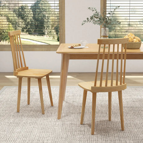 Windsor Dining Chairs Set of 2 with High Spindle Back and Natural Rubber Wood Legs for Dining Room Living Room-Natural