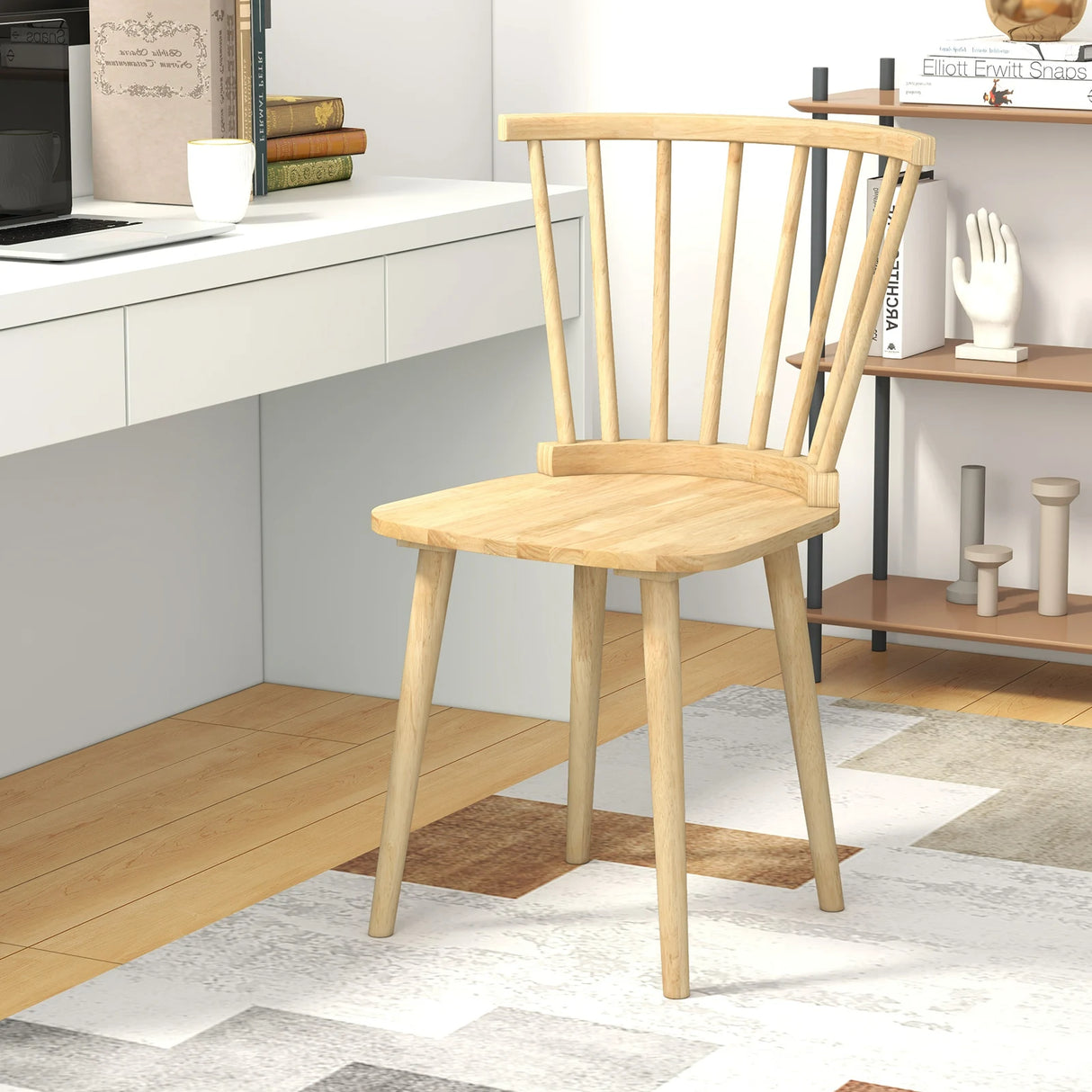 Windsor Dining Chairs Set of 2 Rubber Wood Kitchen Chairs with Spindle Back-Natural