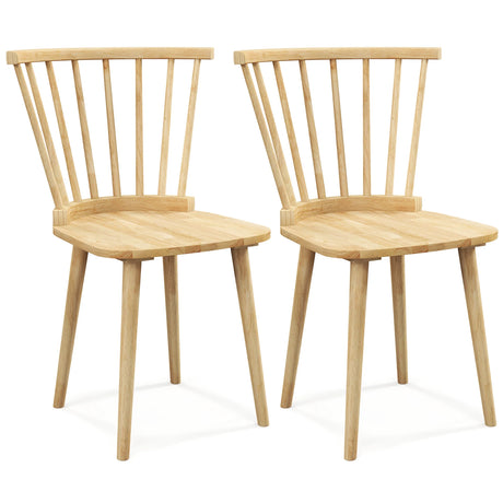 Windsor Dining Chairs Set of 2 Rubber Wood Kitchen Chairs with Spindle Back-Natural