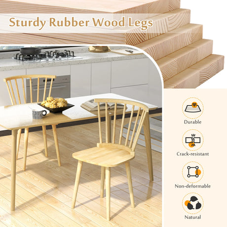 Windsor Dining Chairs Set of 2 Rubber Wood Kitchen Chairs with Spindle Back-Natural