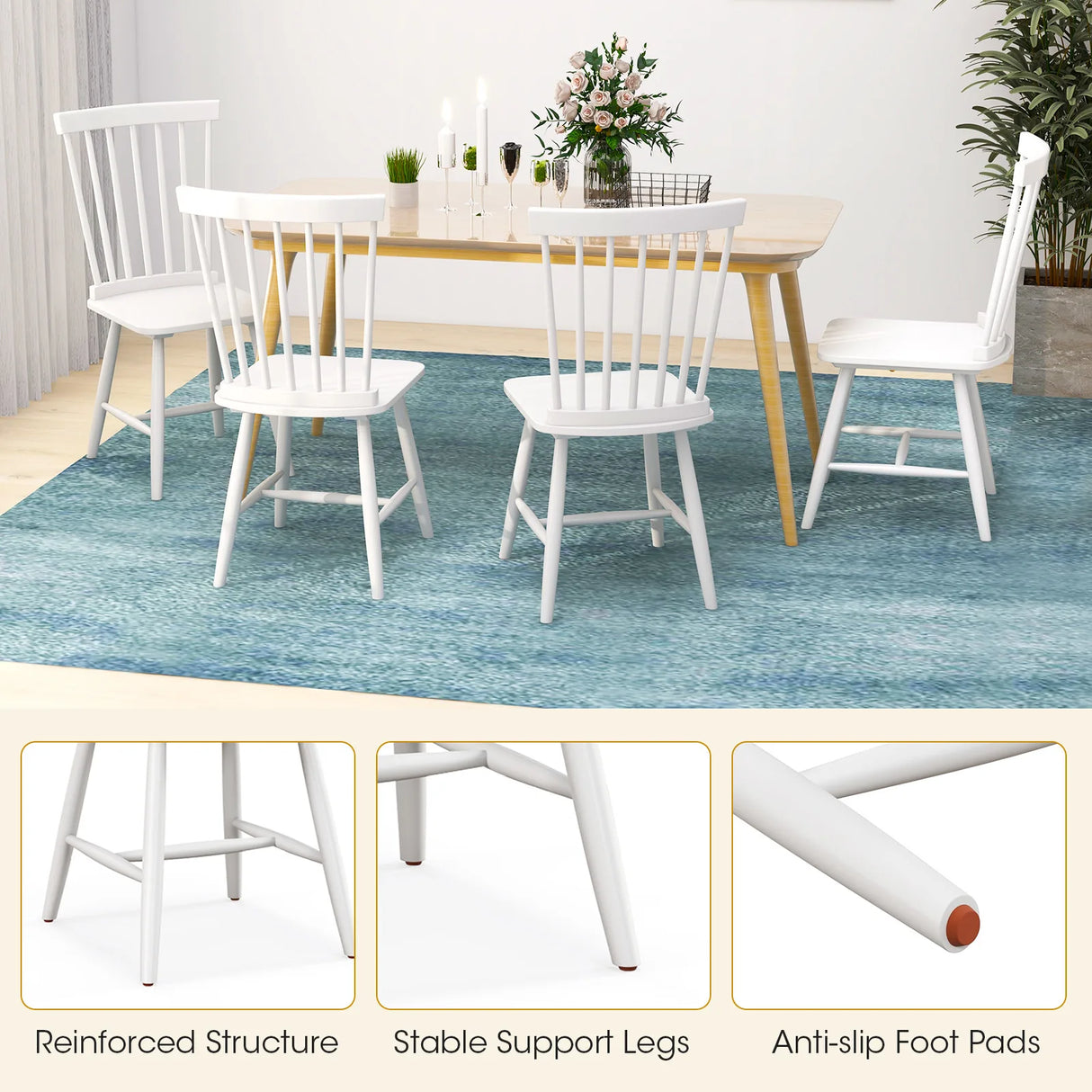 Set of 2 Windsor Style Armless Dining Chairs with Ergonomic Spindle Backs-White