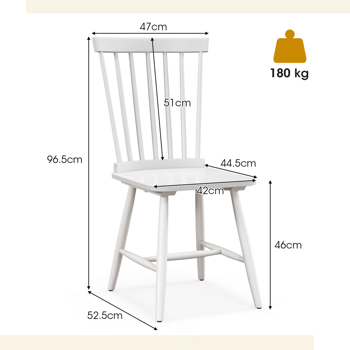 Set of 2 Windsor Style Armless Dining Chairs with Ergonomic Spindle Backs-White