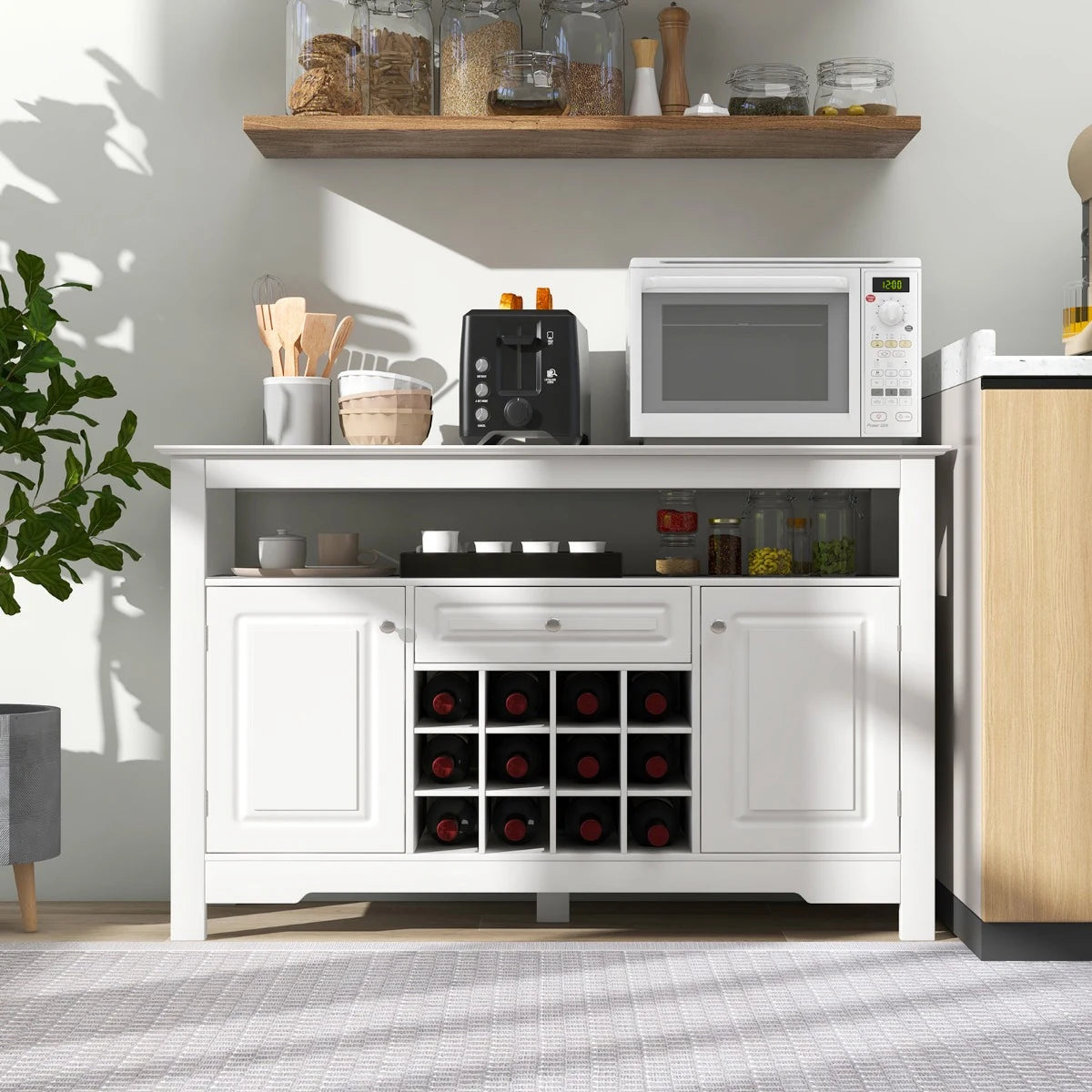 Buffet Sideboard Wine Liquor Coffee Bar Cabinet with Removable Wine Rack-White