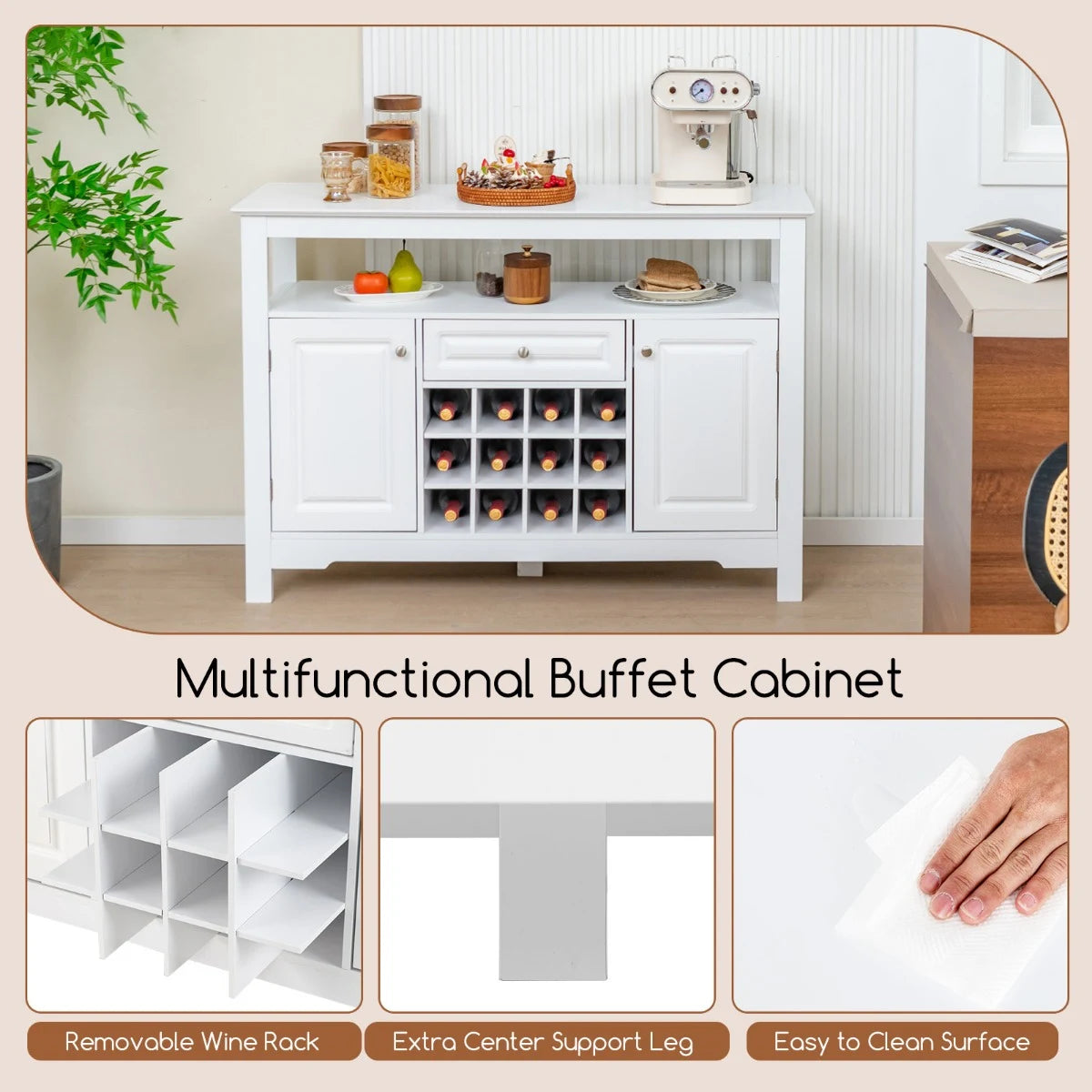 Buffet Sideboard Wine Liquor Coffee Bar Cabinet with Removable Wine Rack-White
