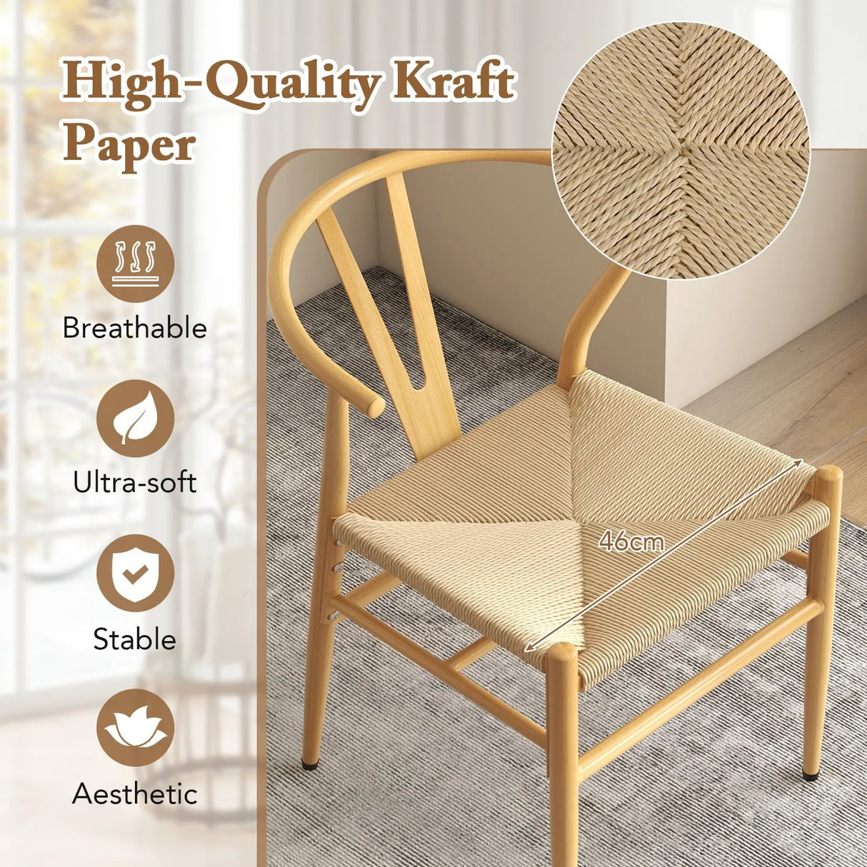 Mid-Century Modern Wishbone Dining Chair Set of 2-Natural