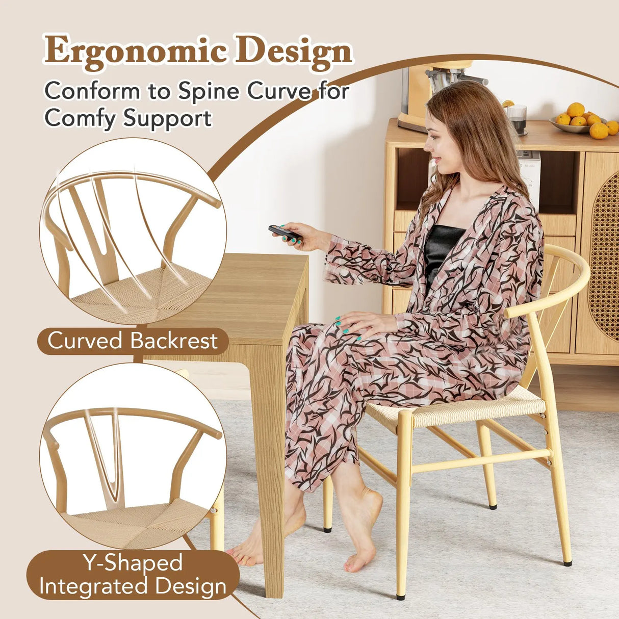 Mid-Century Modern Wishbone Dining Chair Set of 2-Natural