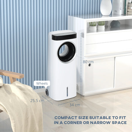HOMCOM Evaporative Air Cooler, 6.5L 4-in-1 Bladeless Portable Cooler, Fan, Humidifier, Air Clean Anion with Oscillation, 6 Speeds, 24H Timer, Sleep Mode, 2 Ice Packs, Wheels, Remote, for Home Office