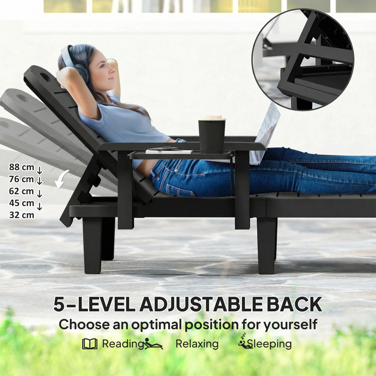 Outsunny Set of 2 Reclining Sun Loungers, 5 Positions Adjustable Outdoor Chaise Lounge Chair with Armrests, Black