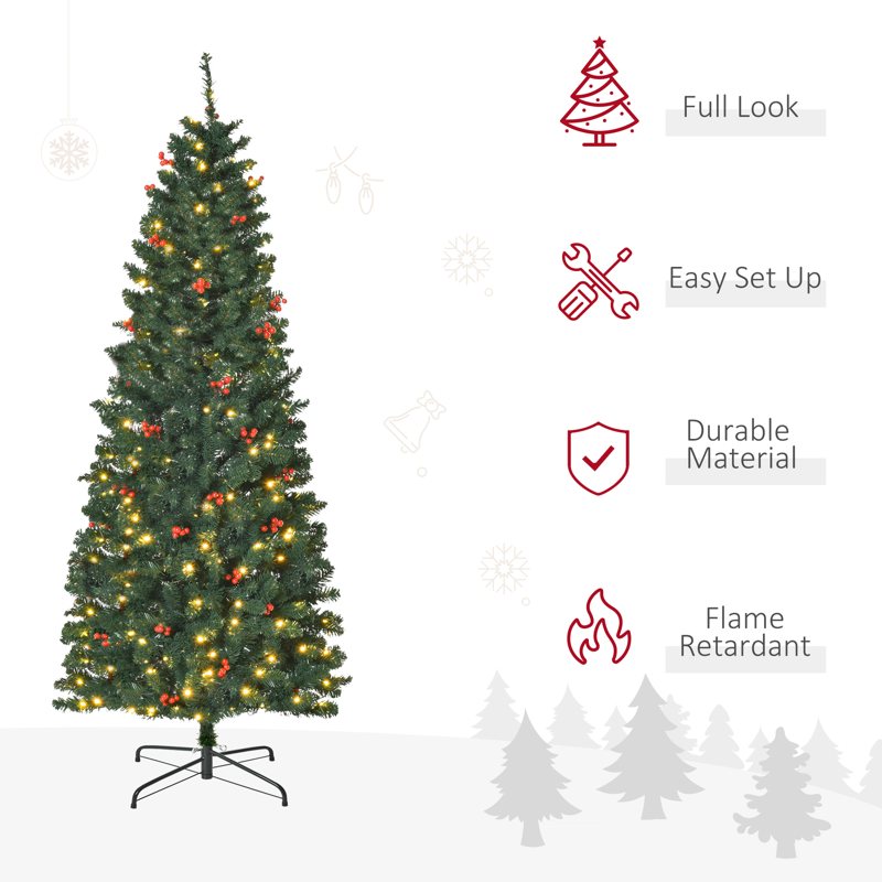 HOMCOM 6FT Prelit Artificial Pencil Christmas Tree with Warm White LED Light, Red Berry, Holiday Home Xmas Decoration, Green