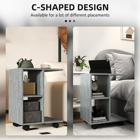 HOMCOM C-Shape End Table Unique Storage Unit w/ 2 Shelves 4 Wheels Freestanding Home Office Furniture Cabinet Square Studio Grey