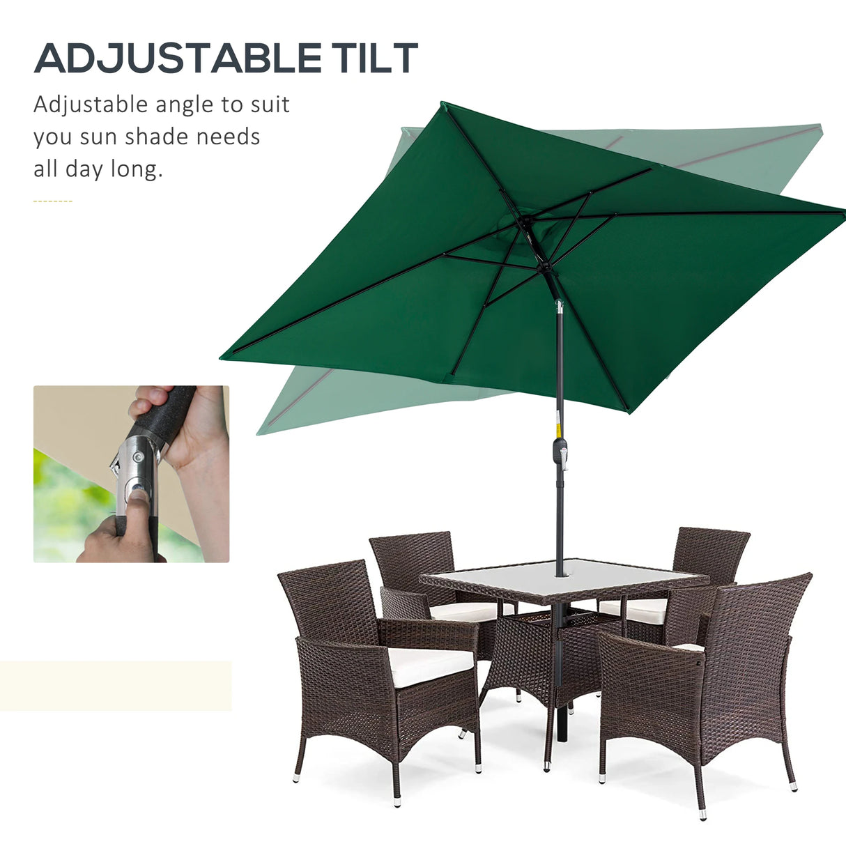 Outsunny 3x2m Patio Parasol Garden Umbrellas Canopy with Aluminium Tilt Crank Rectangular Sun Shade Steel, Green