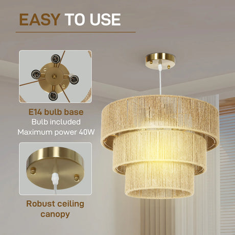 HOMCOM Hemp Rope Ceiling Light, 3-Layer Boho Pendant Light, 4 x E14 Vintage Ceiling Lamp Fixtures for Living Room, Bedroom, Kitchen, Hallway, Light Brown