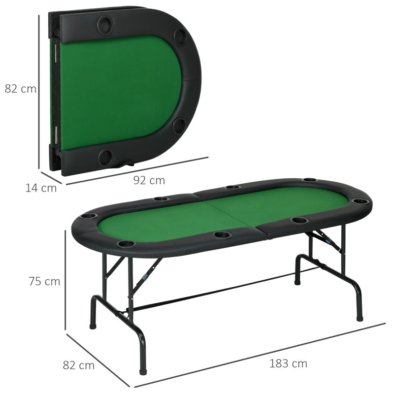 HOMCOM 8 Player Folding Poker Table, Oval Portable Blackjack Casino Table with Cup Holder, Felt Top and Metal Base, 183 x 82 x 75cm, Green and Black